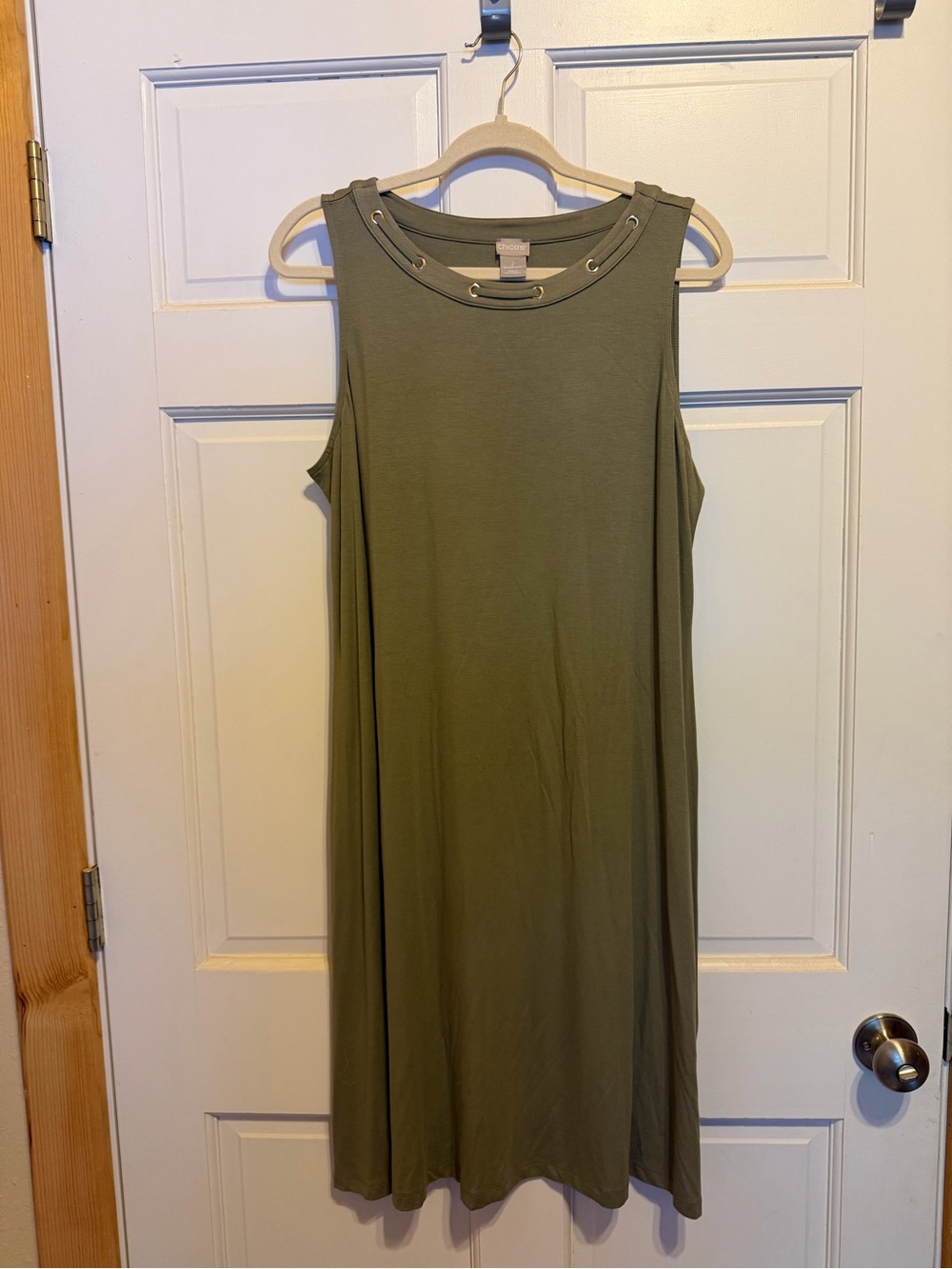 Chico's Olive Green Sleeveless Midi Dress with Grommet Neck - size 2 - NWT